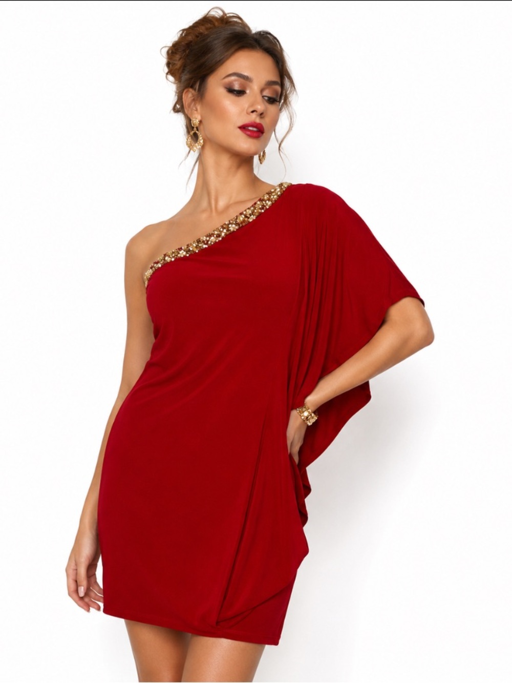 Blondie Nites By Stacy Sklar "NEW" Red Jewel One Shoulder Mini Dress Size 13